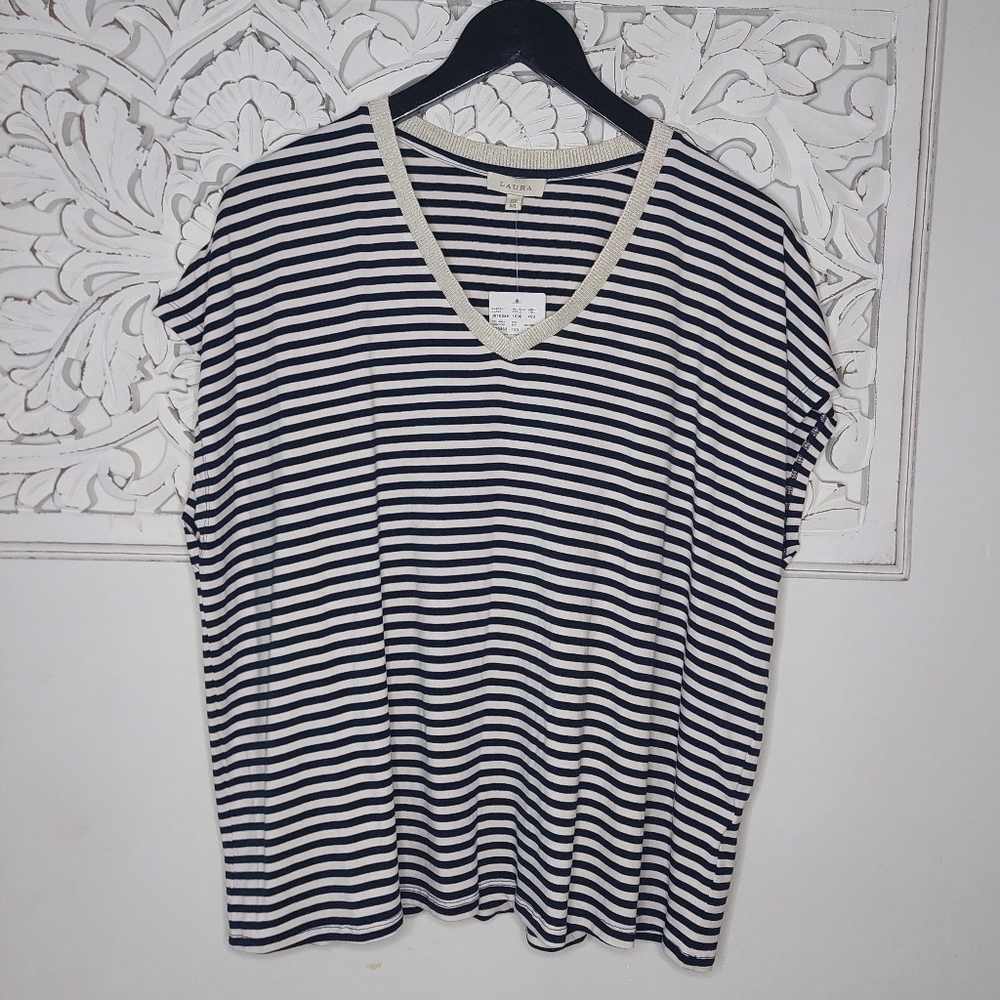 Laura Black Striped Cap Sleeve T Shirt Contrasting Trim Plus Size 2X NWT Tee